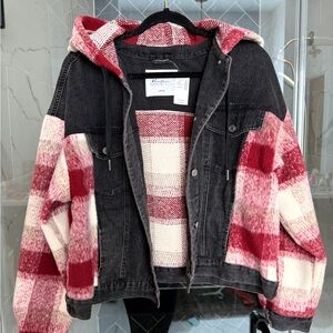 Black Denim Jacket with Red & Cream Plaid Hooded Panels